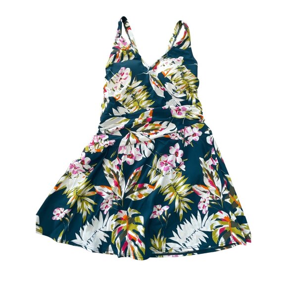 Denim and Co Beach Regular V Neck Ruched Waist Swim Dress Size 6 Tropical Print - Picture 2 of 9